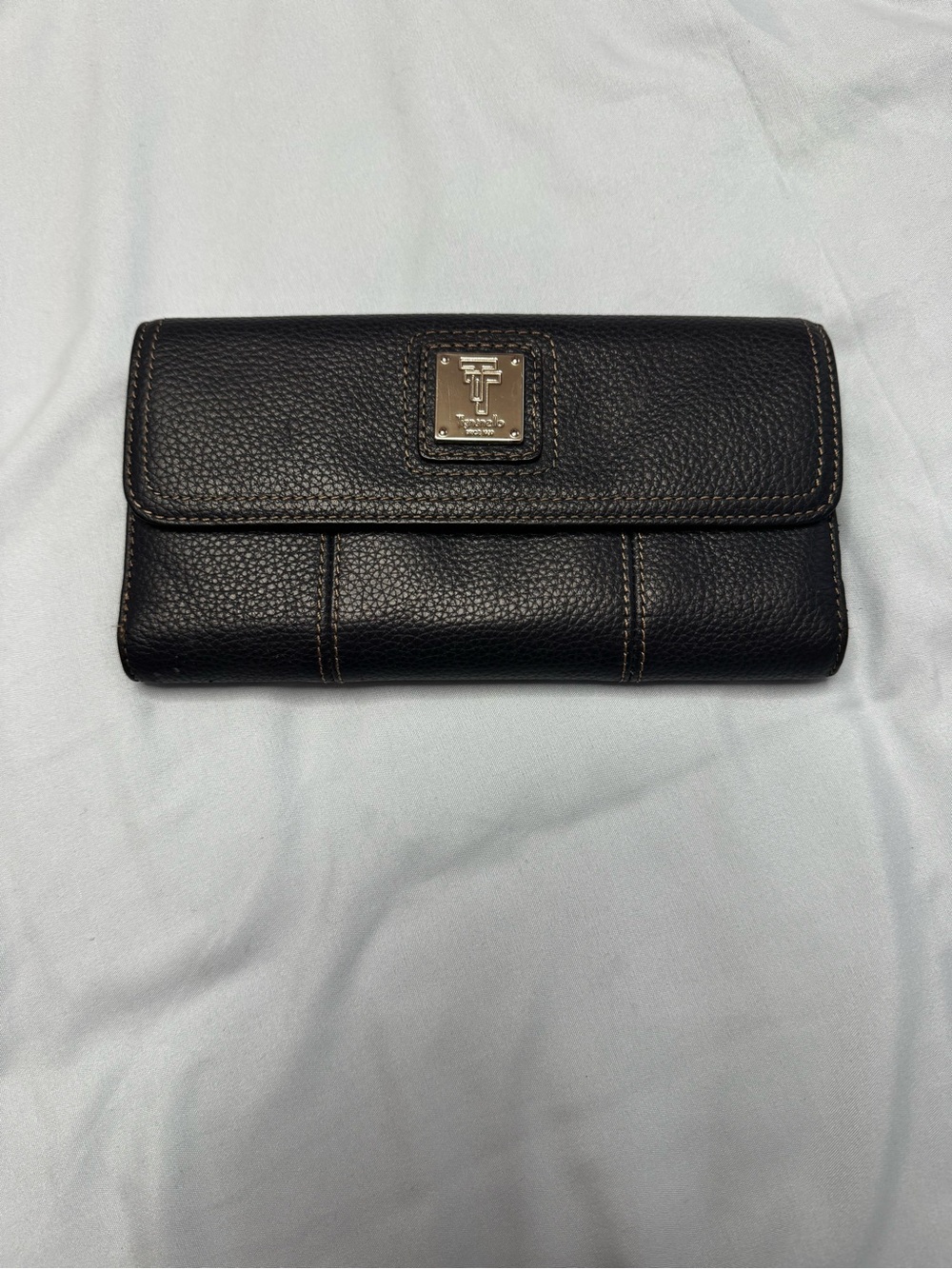 Tignanello Navy Pebbled Leather Wallet with Metal Logo Plaque